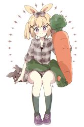 Rule 34 | 1girl, absurdres, animal ears, blonde hair, blush, bow, carrot, closed mouth, clothes around waist, collared shirt, commentary, dress shirt, full body, green socks, grey bow, grey shirt, hair bow, hair ornament, highres, looking at viewer, original, plaid, plaid bow, plaid shirt, purple footwear, rabbit ears, shirt, shoes, short eyebrows, simple background, sitting, smile, socks, solo, stuffed animal, stuffed rabbit, stuffed toy, symbol-only commentary, thick eyebrows, tsukiyo (skymint), twintails, white background, x hair ornament