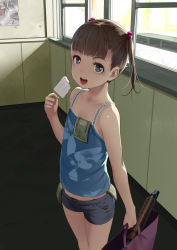 Rule 34 | 1girl, blush, brown hair, character request, child, copyright request, food, gun, highres, ice cream, looking at viewer, money, short shorts, shorts, shotgun, sody, thighs, tucked money, weapon