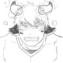 Rule 34 | 1boy, absurdres, angry, animal ears, bara, cow boy, cow ears, cow horns, facepaint, facial hair, fiery horns, forked eyebrows, frown, glowing horns, goatee, greyscale, highres, horns, looking at viewer, male focus, monochrome, pectorals, portrait, shirt, short hair, solo, tatatan (ts kon2), thick eyebrows, tokyo houkago summoners, upper body, wakan tanka