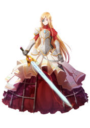 Rule 34 | armor, blonde hair, chain, dress, elf, eyepiece, full body, gauntlets, glint, holding, holding sword, holding weapon, juliet sleeves, lantern, long hair, long sleeves, looking at viewer, original, pointy ears, puffy sleeves, red dress, red eyes, shoulder armor, simple background, solo, standing, sword, very long hair, weapon, white background, xiao yung lin