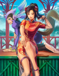 Rule 34 | 1boy, 1girl, breasts, china dress, chinese clothes, closed mouth, commentary request, dress, emperors saga, feet, long hair, looking at viewer, mei ling, monster boy, official art, open mouth, riki (saga), saga, saga frontier, smile, tail, tamaki g (artist), tree