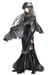 Rule 34 | 1girl, black cape, black dress, black eyes, black footwear, black gloves, black hair, boots, cape, chain paradox, derection-mmm, dress, elbow gloves, full body, gloves, knee boots, knife, light smile, long hair, looking at viewer, shiromizu hotaru, solo, standing, thigh strap, transparent background