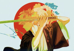 Rule 34 | 1boy, alternate costume, chromatic aberration, closed mouth, commentary, english commentary, floral print, flower, gradient background, grey background, haikyuu!!, highres, hinata shouyou, holding, holding sword, holding weapon, japanese flag, katana, looking ahead, male focus, orange eyes, orange hair, profile, samurai, serein, serious, short hair, solo, sword, upper body, weapon, white flower