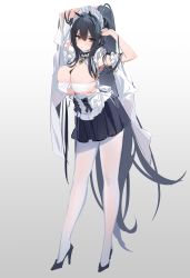 Rule 34 | 1girl, absurdly long hair, absurdres, apron, armpits, arms up, azur lane, between breasts, black footwear, black hair, black skirt, blush, breasts, bursting breasts, choker, cleavage, clothing cutout, dress, frilled choker, frills, full body, gradient background, green eyes, hair between eyes, hand in own hair, hands in hair, high heels, highres, holding, holding hair, huge breasts, indomitable (azur lane), indomitable (ms. motivationless maid) (azur lane), kincora, large breasts, leaning forward, long hair, looking at viewer, maid, maid apron, maid headdress, miniskirt, official alternate costume, pantyhose, parted lips, pleated skirt, ponytail, sidelocks, simple background, skirt, sleeveless, solo, standing, underboob, very long hair, white background, white legwear, white pantyhose
