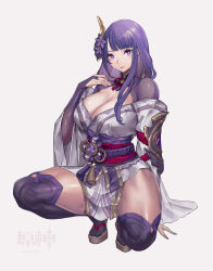 Rule 34 | 1girl, black gloves, blunt bangs, breasts, bridal gauntlets, cleavage, commentary request, genshin impact, gloves, grey background, hair ornament, highres, japanese clothes, kimono, large breasts, long hair, long sleeves, looking at viewer, obi, purple eyes, purple hair, purple kimono, raiden shogun, sash, short kimono, simple background, solo, squatting, thighs, wow (user jpen7723)