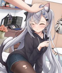 Rule 34 | 1girl, 1other, :t, absurdres, animal ear fluff, animal ears, bazo (vestia zeta), bed sheet, bedroom, black sweater, blush, breasts, brown pantyhose, cat ears, cat girl, cat tail, closed eyes, collarbone, earrings, floating hair, grey hair, grey shorts, highres, hololive, hololive indonesia, hood, hood down, hooded sweater, indoors, jewelry, long hair, long sleeves, medium breasts, pantyhose, pantyhose under shorts, petting, short shorts, shorts, sitting, sweater, tail, thighband pantyhose, torn clothes, torn pantyhose, very long hair, vestia zeta, virtual youtuber, zeng$ (zwj)
