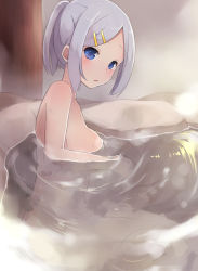 Rule 34 | 10s, 1girl, alternate hairstyle, bathing, blue eyes, blush, convenient censoring, from side, hair ornament, hair over one eye, hairclip, hamakaze (kancolle), ichijou (kr neru0), kantai collection, looking at viewer, nude, onsen, ponytail, ripples, short hair, short ponytail, silver hair, sitting, solo, steam, water