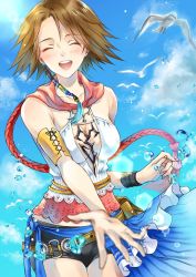Rule 34 | 1girl, bad id, bad twitter id, blue sky, blush, breasts, brown hair, cleavage, day, water drop, final fantasy, final fantasy x, final fantasy x-2, hood, hood down, medium breasts, open mouth, ponytail, short hair, short shorts, shorts, showgirl skirt, sky, smile, solo, water, wristband, xhanaxxus, yuna