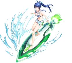 Rule 34 | 1girl, barefoot, bikini, bikini bottom only, blue hair, breasts, cleavage, feet, full body, goggles, happy, highres, legs, long hair, looking at viewer, medium breasts, open mouth, outstretched arms, pink eyes, ponytail, short shorts, shorts, smile, solo, standing, surfboard, swimsuit, thighs, toes, transparent background, unitia