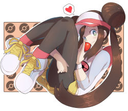 Rule 34 | 1girl, black pantyhose, blue footwear, blue shirt, brown hair, closed mouth, commentary, creatures (company), double bun, doughnut hair bun, from side, full body, game freak, green eyes, hair bun, heart, highres, holding, holding poke ball, hugging own legs, knees up, light blush, long hair, looking at viewer, nintendo, outline, pantyhose, pantyhose under shorts, poke ball, poke ball (basic), poke ball print, poke ball symbol, pokemon, pokemon bw2, print shirt, raglan sleeves, rosa (pokemon), shirt, shoes, short shorts, shorts, shoutaro saito, smile, sneakers, solo, speech bubble, spoken heart, twintails, two-tone headwear, two-tone shirt, very long hair, visor cap, white outline, white shirt, wristband, yellow shorts