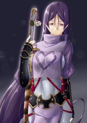 Rule 34 | 1girl, arm armor, belt, bodysuit, breasts, cape, commentary request, covered navel, cowboy shot, fate/grand order, fate (series), fingerless gloves, gauntlets, gloves, hair between eyes, highres, holding, holding sword, holding weapon, large breasts, long hair, long sleeves, looking at viewer, minamoto no raikou (fate), night, night sky, niwatazumi, purple eyes, purple hair, sidelocks, skindentation, sky, smile, solo, star (sky), sword, weapon