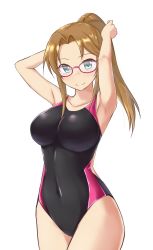 Rule 34 | 1girl, aimobake, armpits, arms up, backless outfit, backless swimsuit, bare arms, bare shoulders, black one-piece swimsuit, blue eyes, breasts, brown hair, closed mouth, collarbone, commentary request, competition swimsuit, covered navel, cowboy shot, glasses, highres, idolmaster, idolmaster cinderella girls, large breasts, long hair, looking at viewer, matsumoto sarina, one-piece swimsuit, parted bangs, pink-framed eyewear, ponytail, simple background, smile, solo, standing, swimsuit, thighs, white background