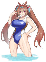 Rule 34 | 1girl, animal ears, bare legs, blue one-piece swimsuit, bow, breasts, brown hair, closed mouth, commentary, competition swimsuit, cowboy shot, daiwa scarlet (umamusume), hair between eyes, hair bow, hair intakes, hand on own hip, highres, horse ears, horse girl, jonylaser, large breasts, long hair, looking at viewer, one-piece swimsuit, red bow, red eyes, simple background, smile, solo, standing, swimsuit, thighs, tiara, twintails, umamusume, wading, water, wet, white background