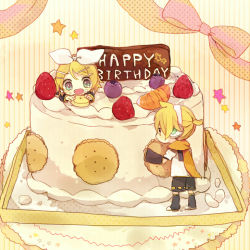 Rule 34 | 1boy, 1girl, :d, aqua eyes, bad id, bad pixiv id, blonde hair, blueberry, bow, brother and sister, cake, chibi, eating, fang, food, food on face, fruit, hair bow, hair ornament, hairclip, happy birthday, headphones, honey0x0x0, kagamine len, kagamine rin, open mouth, shorts, siblings, smile, standing, star (symbol), strawberry, twins, usamito, vocaloid