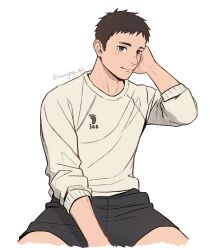 Rule 34 | 1boy, absurdres, between legs, black shorts, blush, brown eyes, brown hair, bunnying 182, closed mouth, commentary, cropped legs, haikyuu!!, hand between legs, highres, looking at viewer, male focus, sawamura daichi, shirt, short hair, short sleeves, shorts, simple background, sitting, smile, solo, twitter username, white background, white shirt