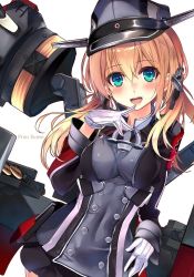 Rule 34 | 1girl, black ribbon, black skirt, blonde hair, blush, finger to mouth, gloves, green eyes, hair between eyes, hair ornament, hair ribbon, hand on own hip, hat, kantai collection, long sleeves, looking at viewer, low twintails, machinery, military, military uniform, miniskirt, open mouth, peaked cap, pleated skirt, prinz eugen (kancolle), ribbon, shirokitsune, simple background, skirt, smile, solo, torpedo tubes, turret, twintails, uniform, white background, white gloves