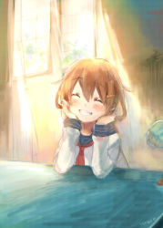 Rule 34 | 10s, 1girl, ^ ^, bad id, bad nicoseiga id, blush, brown hair, closed eyes, curtains, desk, closed eyes, grin, hair ornament, hairclip, hands on own face, ikazuchi (kancolle), indoors, kantai collection, school uniform, serafuku, signature, smile, solo, sunlight, ume (plumblossom), upper body, window