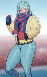 Rule 34 | 1boy, ass, blue mittens, blue scarf, blush, bulge, commentary request, creatures (company), eyelashes, game freak, green eyes, green hair, green pants, grusha (pokemon), hand in pocket, highres, holding, holding poke ball, jacket, long hair, male focus, mittens, nintendo, pants, poke ball, poke ball (basic), pokemon, pokemon sv, scarf, skin tight, solo, striped clothes, striped scarf, sweatdrop, yellow jacket, ziv zivy