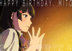 Rule 34 | 1girl, black hair, blue eyes, bow, bowtie, braid, character name, collared shirt, commentary request, dated, eye reflection, hair ornament, hair over shoulder, hairclip, hands up, happy birthday, highres, light particles, long hair, looking ahead, low twin braids, nijisanji, own hands together, parted lips, pink bow, pink bowtie, reflection, shirt, shiwasu takashi, sidelighting, solo, steepled fingers, tsukino mito, tsukino mito (3rd costume), twin braids, upper body, virtual youtuber, white shirt