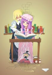 Rule 34 | 2girls, apron, bad id, bad pixiv id, blonde hair, blush, book, brick wall, character doll, crescent moon, doll, dress, embarrassed, female focus, hair ribbon, hand on own hip, hat, hip focus, inkwell, kirisame marisa, moon, multiple girls, nanatsuki, open book, patchouli knowledge, purple eyes, purple hair, quill, reading, ribbon, sitting, table, touhou, witch, witch hat, yellow eyes