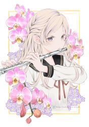 Rule 34 | 1girl, black sailor collar, blonde hair, border, braid, commentary request, flower, flute, highres, holding, holding instrument, instrument, long hair, long sleeves, looking at viewer, music, neck ribbon, original, outside border, parted bangs, pink flower, playing instrument, purple eyes, purple flower, red ribbon, ribbon, sailor collar, sailor shirt, school uniform, serafuku, sheepd, shirt, solo, twitter username, upper body, white background, white shirt, yellow border