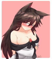 Rule 34 | 1girl, absurdres, animal ears, artist request, blush, breasts, brooch, brown hair, cleavage, collarbone, dated, dress, fingernails, highres, imaizumi kagerou, jewelry, kozup, large breasts, long fingernails, long hair, long sleeves, looking at viewer, looking up, nail polish, off-shoulder dress, off shoulder, red eyes, signature, solo, touhou, white dress, wide sleeves, wolf ears