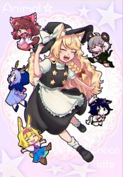 Rule 34 | 6+girls, :d, alice margatroid, animal ear fluff, animal ears, antlers, apron, black eyes, black skirt, black vest, blonde hair, blouse, blue dress, blue footwear, blue hair, blush, boots, bow, box, brown footwear, brown hair, capelet, chibi, closed eyes, closed mouth, colored skin, commentary request, cookie (touhou), cow ears, cow horns, cow tail, deer antlers, deer tail, detached sleeves, dress, english text, flour (cookie), food-themed hair ornament, fox ears, fox tail, frilled apron, frilled bow, frilled capelet, frilled dress, frilled hair tubes, frills, full body, green footwear, green skirt, green vest, grey hair, hair bow, hair ornament, hair tubes, hairband, hakurei reimu, hat, heart-shaped box, highres, hood, horns, ichigo (cookie), kemonomimi mode, kirisame marisa, kumoi ichirin, long hair, long sleeves, looking at viewer, medium hair, milk (cookie), mouse ears, mouse tail, multiple girls, murasa minamitsu, nazrin, neckerchief, nyon (cookie), odennoden, open mouth, outstretched arms, pink apron, pink hairband, pink neckerchief, pink sash, puffy short sleeves, puffy sleeves, rabbit ears, rabbit tail, raccoon ears, raccoon tail, red bow, red eyes, rurima (cookie), sailor hat, sash, second-party source, shirt, shoes, short hair, short sleeves, shorts, skirt, smile, star (symbol), strawberry hair ornament, suzu (cookie), tail, touhou, vest, waist apron, white apron, white capelet, white shirt, white shorts, white skin, white sleeves, |d