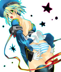 Rule 34 | 1girl, akira kichi, arc system works, ass, ayakichi, back, bad id, bad pixiv id, bare shoulders, beret, blazblue, blue eyes, covering ass, covering privates, detached sleeves, dutch angle, embarrassed, female focus, gloves, gluteal fold, hat, highres, looking at viewer, looking back, multicolored hair, noel vermillion, open mouth, panties, pantyshot, partially visible vulva, short hair, simple background, solo, star (symbol), striped clothes, striped panties, teeth, thighhighs, thighs, tongue, underwear, upper teeth only, white background