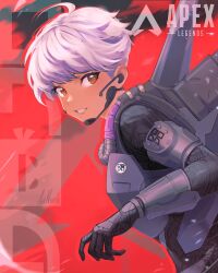 Rule 34 | 1girl, animification, apex legends, black bodysuit, black gloves, bodysuit, brown eyes, copyright name, cowlick, earpiece, floating hair, gloves, grey hair, hair behind ear, highres, jetpack, logo, looking to the side, noush, parted lips, pink lips, smile, solo, the dojo (esports), valkyrie (apex legends)