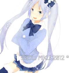 Rule 34 | 1girl, are i, blue eyes, blue hair, bow, hair bow, hatsune miku, highres, long hair, looking at viewer, matching hair/eyes, open mouth, skirt, smile, snowflakes, solo, thighhighs, twintails, very long hair, vocaloid, yuki miku, zettai ryouiki