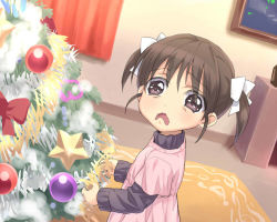 Rule 34 | 1girl, brown eyes, brown hair, child, christmas, christmas is cancelled, christmas ornaments, christmas tree, d:, dutch angle, eeeeee, frown, indoors, matching hair/eyes, open mouth, original, solo, star (symbol), twintails, wavy eyes, wavy mouth
