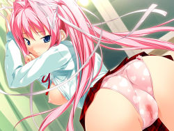 1girl ass blue_eyes blush breasts female_focus game_cg heart kodama_izayoi long_hair nipples panties pink_hair pussy_juice ribbon skirt solo stellula_eques twintails underwear