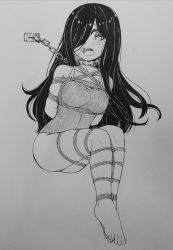 Rule 34 | aria wintermint, bdsm, black hair, bondage, bound, bound arms, bound legs, chain collar, collar, feet, highres, long hair, monochrome, restrained, school swimsuit, shibari, shibari over clothes, simple background, sketch, swimsuit, the crawling city