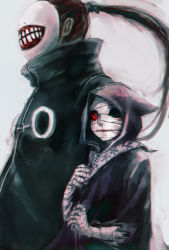 Rule 34 | 1boy, 1girl, bandages, bandaged arm, bandaged head, bandages, black cloak, brown hair, cloak, eto (tokyo ghoul), from side, grey background, height difference, hood, hood up, hooded cloak, long sleeves, looking at viewer, mask, noro (tokyo ghoul), ponytail, red eyes, simple background, straw like, teeth print, tokyo ghoul, torn cloak, torn clothes