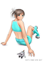 Rule 34 | 1girl, aircraft, airplane, arm support, ass, belt, blue belt, blue eyes, blue footwear, blue shirt, blue skirt, boots, brown hair, from behind, jet, looking at viewer, looking back, midriff, pencil skirt, pinup (style), ponytail, ryu (ryu&#039;s form site), shirt, short hair, short shorts, shorts, sitting, skirt, smile, solo, tank top, toy, white background