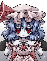 Rule 34 | 1257mythos (1257kagome), 1girl, ascot, back bow, bat wings, black wings, blue hair, bow, brooch, collared shirt, embodiment of scarlet devil, frilled ascot, frilled shirt, frilled shirt collar, frilled sleeves, frills, gradient background, grey background, hat, hat ribbon, highres, jewelry, large bow, looking at viewer, medium hair, mob cap, open mouth, own hands together, pink hat, pink shirt, pink skirt, pointy ears, puffy short sleeves, puffy sleeves, purple brooch, red ascot, red bow, red eyes, red ribbon, remilia scarlet, ribbon, shirt, short sleeves, simple background, skirt, skirt set, sleeve ribbon, solo, touhou, white background, wings, wrist cuffs