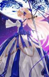 Rule 34 | 1girl, antenna hair, archetype earth, arcueid brunestud, back, back bow, backless dress, backless outfit, bare shoulders, blonde hair, blue bow, blue dress, blue gloves, bow, breasts, closed mouth, commentary request, detached sleeves, dress, earth (planet), fate/grand order, fate (series), floating hair, flower, from side, gloves, hair flower, hair ornament, highres, holding, holding sword, holding weapon, jun (rellik &amp; redrum), long dress, long hair, medium breasts, planet, profile, red eyes, signature, solo, sword, tsukihime, tsukihime (remake), two-tone dress, very long hair, weapon, white dress, white flower, wide sleeves