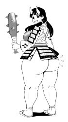 Rule 34 | 1girl, armor, ass, black hair, blunt bangs, chipped tooth, club, club (weapon), dungeon meshi, epaulettes, from behind, greyscale, highres, horns, huge ass, inutade, japanese armor, japanese clothes, kimono, kusazuri, looking at viewer, monochrome, oni, oni horns, spiked club, thick thighs, thighs, twintails, waraji, weapon, white background, ytrall