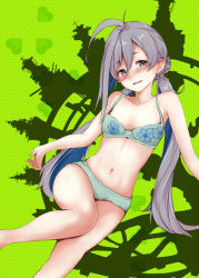 Rule 34 | 1girl, ahoge, bare arms, bare legs, barefoot, blush, bra, breasts, collarbone, commentary request, floral print, green background, green bra, green panties, grey eyes, grey hair, hair between eyes, kantai collection, kiyoshimo (kancolle), long hair, looking at viewer, low twintails, multicolored hair, nose blush, open mouth, panties, rizzl, ship, small breasts, thighs, twintails, underwear, underwear only, very long hair, watercraft