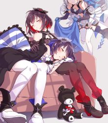 Rule 34 | 3girls, ahoge, arm cuffs, bare shoulders, black gloves, black hair, blanket, blue hair, blush, bronya zaychik, bronya zaychik (herrscher of reason), chain, closed eyes, commentary, couch, covering with blanket, dress, drill hair, gloves, grey hair, hair ornament, head out of frame, highres, honkai (series), honkai impact 3rd, indoors, keyhole, lap pillow, layered dress, long hair, lying, multicolored hair, multiple girls, nasubi (1ra1ri1ko2cho1mi2na), on couch, on side, pillow, quad drills, red hair, red legwear, seele (alter ego), seele vollerei, seele vollerei (stygian nymph), shoes, short hair, sleeping, sleeping on person, smile, striped pillow, stuffed animal, stuffed toy, teddy bear, thighhighs, two-tone hair, white gloves, white legwear, window shadow
