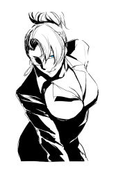 Rule 34 | 1girl, bad id, bad pixiv id, blue eyes, breasts, cleavage, earrings, eyepatch, formal, fringe trim, greyscale, hair up, iwamoto eiri, jewelry, large breasts, leaning forward, licking lips, mature (kof), monochrome, pant suit, pants, ponytail, snk, solo, spot color, suit, the king of fighters, tongue, tongue out, updo, white background
