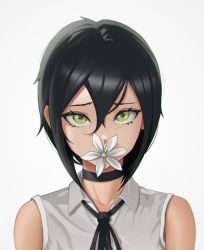 Rule 34 | 1girl, absurdres, black choker, black hair, black ribbon, chainsaw man, choker, collared shirt, covered mouth, daisy, flower, flower in mouth, green eyes, hair between eyes, highres, lem, looking at viewer, reze (chainsaw man), ribbon, shirt, short hair, simple background, sleeveless, solo, white background, white shirt