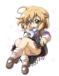 Rule 34 | 1girl, ahoge, ass, bad id, bad pixiv id, blonde hair, blush, d.a, female focus, full body, green eyes, mary janes, mizuhashi parsee, panties, pantyshot, pink panties, scarf, shoes, skirt, smile, solo, touhou, transparent background, underwear, upskirt