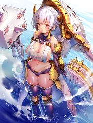 Rule 34 | 1girl, armor, blue gloves, blue thighhighs, blush, braid, breasts, cleavage, dark advent, doyouwantto, gloves, large breasts, looking at viewer, navel, rania (dark advent), red eyes, revealing clothes, shiny skin, short hair, sideboob, silver hair, skindentation, solo, standing, thighhighs, water, wet