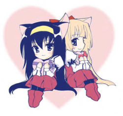 Rule 34 | 00s, 2girls, animal ears, artist request, black hair, blonde hair, cat ears, cat girl, cat tail, character request, chibi, female focus, heart, kannazuki no miko, long hair, lowres, multiple girls, tagme, tail, very long hair