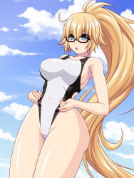 Rule 34 | 1girl, abu, black-framed eyewear, blonde hair, blue eyes, blue sky, breasts, clothes pull, cloud, commentary request, competition swimsuit, cowboy shot, day, fate/apocrypha, fate/grand order, fate (series), glasses, highleg, highleg swimsuit, highres, jeanne d&#039;arc (fate), jeanne d&#039;arc (ruler) (fate), jeanne d&#039;arc (swimsuit archer) (fate), jeanne d&#039;arc (swimsuit archer) (second ascension) (fate), large breasts, long hair, looking at viewer, one-piece swimsuit, one-piece swimsuit pull, ponytail, sky, solo, standing, swimsuit, white one-piece swimsuit