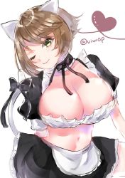 Rule 34 | 1girl, alternate costume, animal ears, apron, black bow, blush, bow, breasts, brown hair, cat ears, cat tail, dress, green eyes, heart, kantai collection, kemonomimi mode, large breasts, maid, maid apron, maid headdress, medium hair, miniskirt, mutsu (kancolle), one-hour drawing challenge, one eye closed, short dress, simple background, skirt, smile, solo, tail, twitter username, viwop, white background