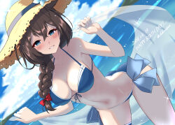 Rule 34 | 1girl, absurdres, ahoge, ass, bare arms, bare legs, bare shoulders, bikini, blue bikini, blue eyes, blush, braid, breasts, brown hair, cleavage, collarbone, cowboy shot, dated, day, grin, hair between eyes, hair flaps, happy birthday, hat, highres, kantai collection, large breasts, long hair, navel, ocean, official alternate costume, outdoors, shiba (zudha), shigure (kancolle), shigure kai san (kancolle), shigure kai san (swimsuit) (kancolle), single braid, smile, solo, straw hat, swimsuit, twitter username
