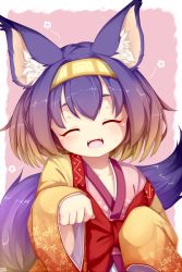 Rule 34 | 10s, 1girl, :d, animal ear fluff, animal ears, blonde hair, closed eyes, facing viewer, fangs, floral print, fox ears, fox tail, gradient hair, hairband, hatsuse izuna, highres, japanese clothes, kimono, multicolored hair, no game no life, open mouth, paw pose, psychopath idiot, purple hair, short hair, sleeves past wrists, smile, solo, tail, two-tone hair, wide sleeves