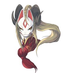 Rule 34 | 1girl, 4138, ascot, black sclera, blonde hair, colored sclera, covering face, cropped shoulders, curled horns, floating hair, fox mask, horns, long hair, looking at viewer, mask, original, ponytail, red ascot, simple background, solo, white background, yellow eyes